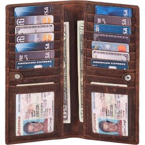 image:imageLong Wallet for Men Women Real Leather Bifold RFID Stylish Slim Handmade 2 ID Window Credit Card Holder in Gift BoxCognac