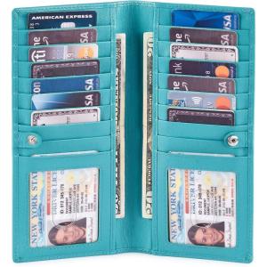 image:imageLong Wallet for Men Women Real Leather Bifold RFID Stylish Slim Handmade 2 ID Window Credit Card Holder in Gift BoxMint