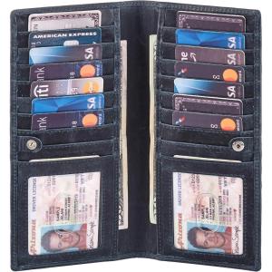 image:imageLong Wallet for Men Women Real Leather Bifold RFID Stylish Slim Handmade 2 ID Window Credit Card Holder in Gift BoxNavy